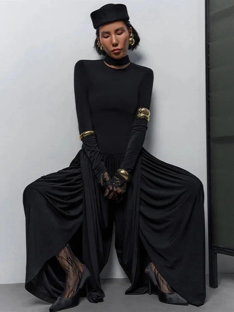 Absobe-monos fruncidos con abertura lateral para mujer, monos sexys de manga larga ajustados de cintura alta, pelele, pantalones de una pieza, ropa de calle, novedad de otoño