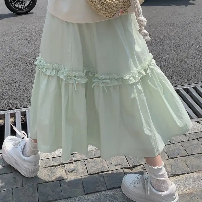 

2024 New Skirts Solid Color Ruffles Bow Patchwork Design High Waist Casual Loose Skirt Preppy Style Fashion Sweet Women Clothing