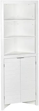 RiverRidge Madison Bathroom Corner Storage Cabinet with Open Shelves and Cupboard Tall Corner Storage White Bathroom Furniture C