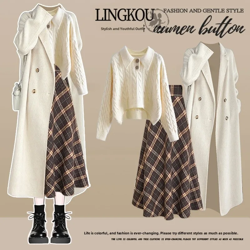 

Ele Autumn Winter Women's Korean Sle Plaid Skirt Soft Knitted Sweater Coat Tee Piece Set Faionable Ensemble