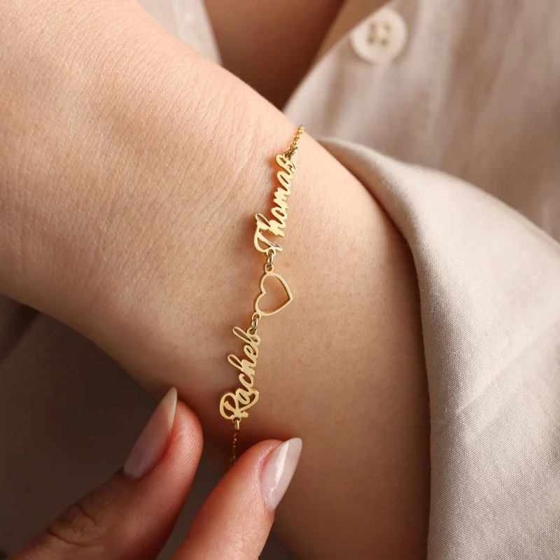 Custom Heart-Shaped Double-Name Bracelet, Stainless Steel Letter Bracelet, Personalized Couples' Name Jewelry, Birthday Gift