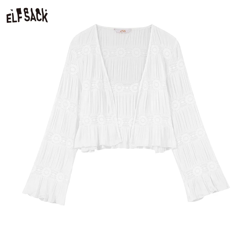 ELFSACK 2024 summer new arrival White lace chiffon cardigan girls lazy protection over the cover-up picnic travel vacation holid