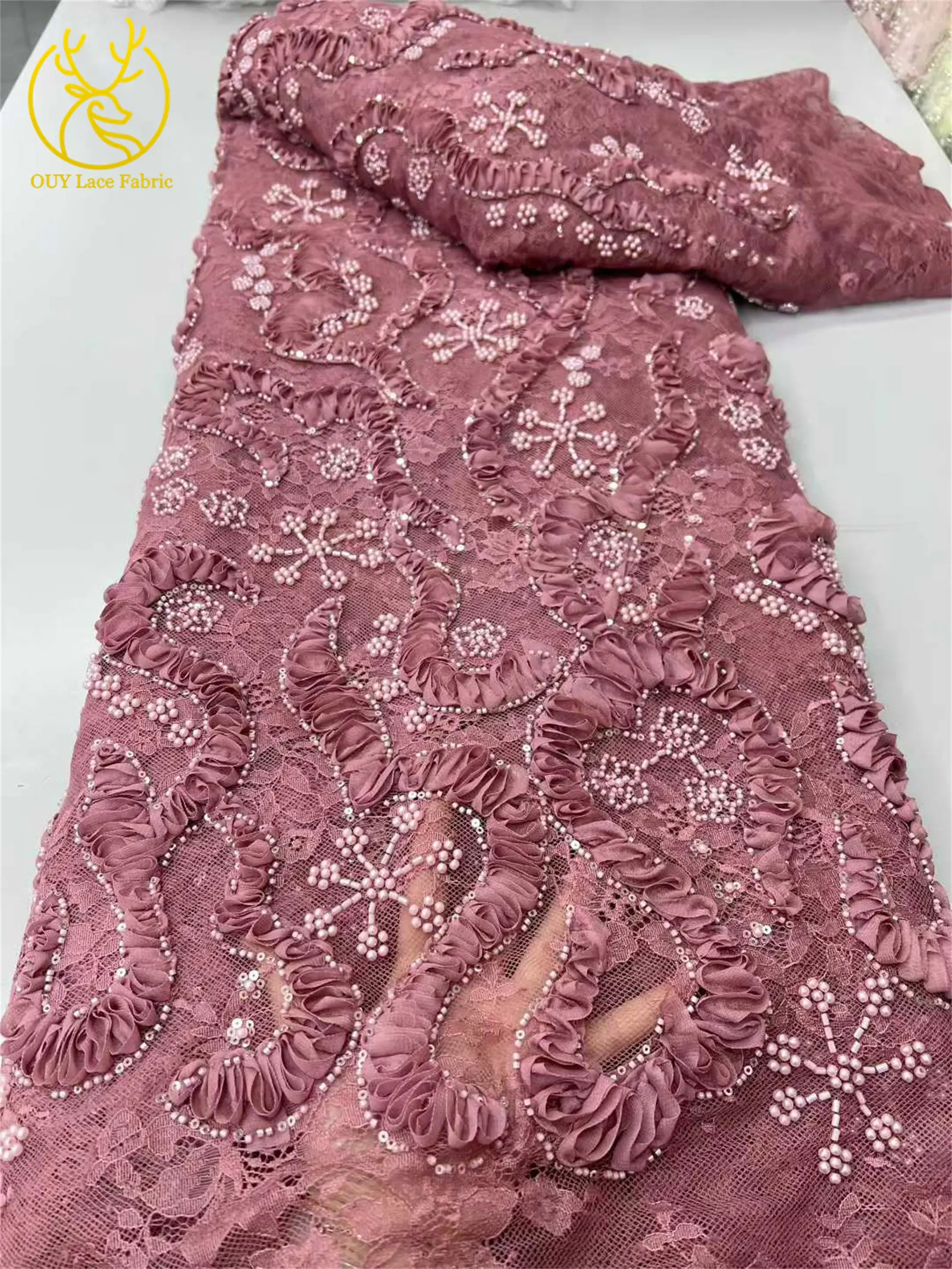 Goldgelber afrikanischer 3D-Spitzenstoff 2026 Hochwertiger nigerianischer Mesh-Perlen-Pailletten-Spitzenstoff für Frauen, Party, Hochzeitskleider – Detail 6