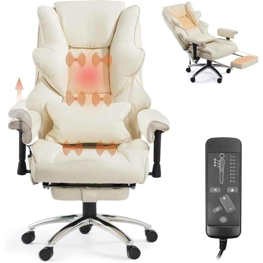 

Эргономичное офисное кресло с подогревом, высокой спинкой, подставкой для ног, регулируемыми подлокотниками и поясничной поддержкой, бежевое кожаное кресло для дома
