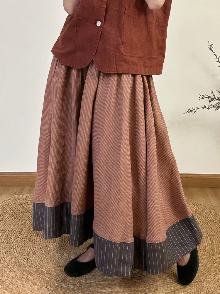 

FURALI Ladies' Artistic Sle f Skirt with Pleats And Patchwork Stripes 00% Linen Wide Umbrella Skirt 24SK00KK