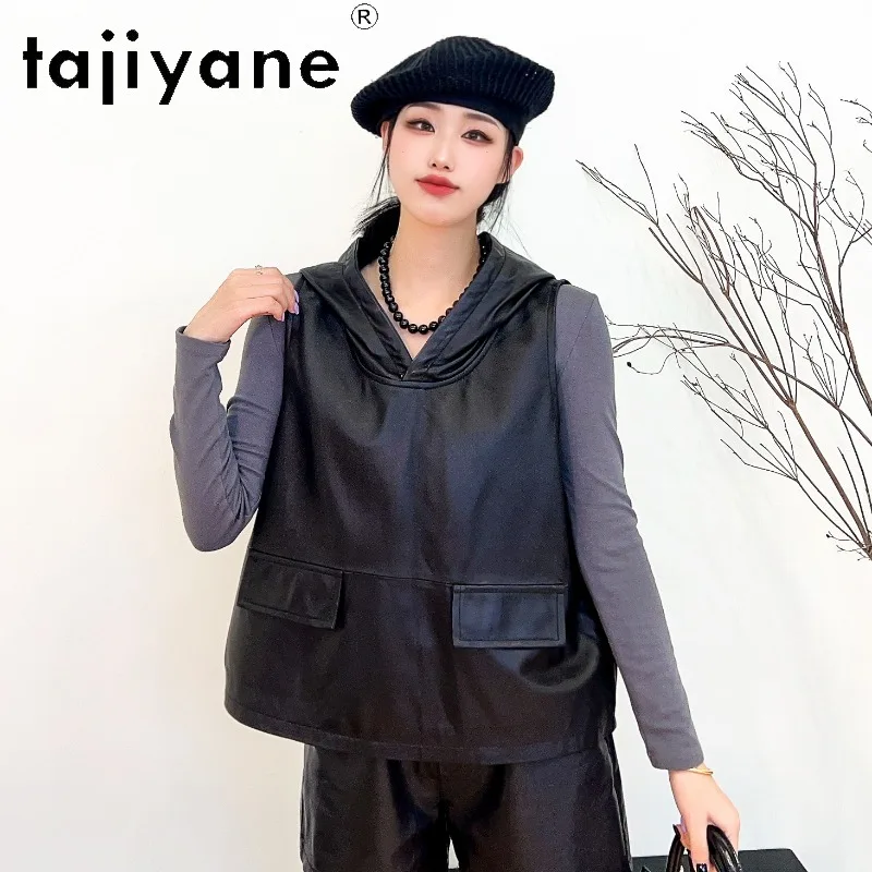 TAJIYANE Hooded Genuine Leather Vest Sheepskin Sleeveless Leather Jacket Woman Top Cropped Veste Femme Korean Outerwear Autumn