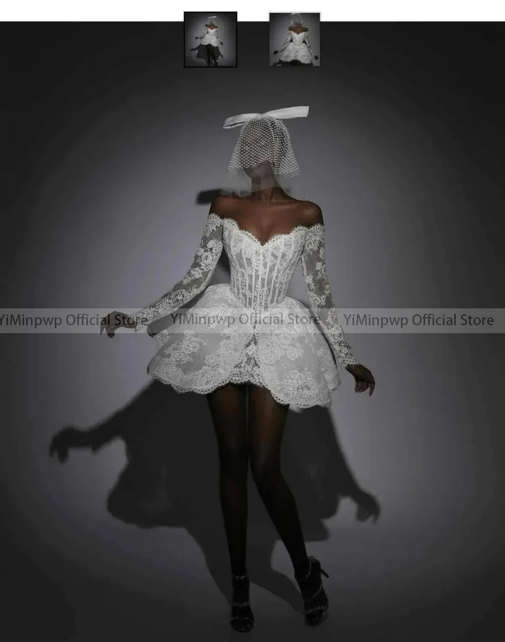 Short Wedding Dresses Bride Robe Bridal Shower Dress Off Shoulder Long Sleeve Lace Engagment Party Gowns Customized