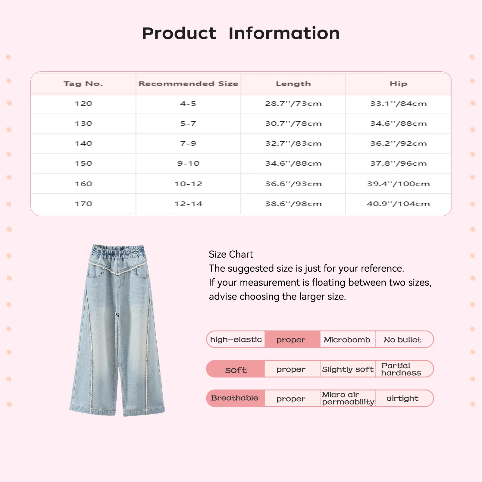 

Kids Girls Retro Denim Jeans Baggy Pants High Waist Wide-Leg Lace Trim Long Pants with Pockets for Party Vacation Travel Picnic