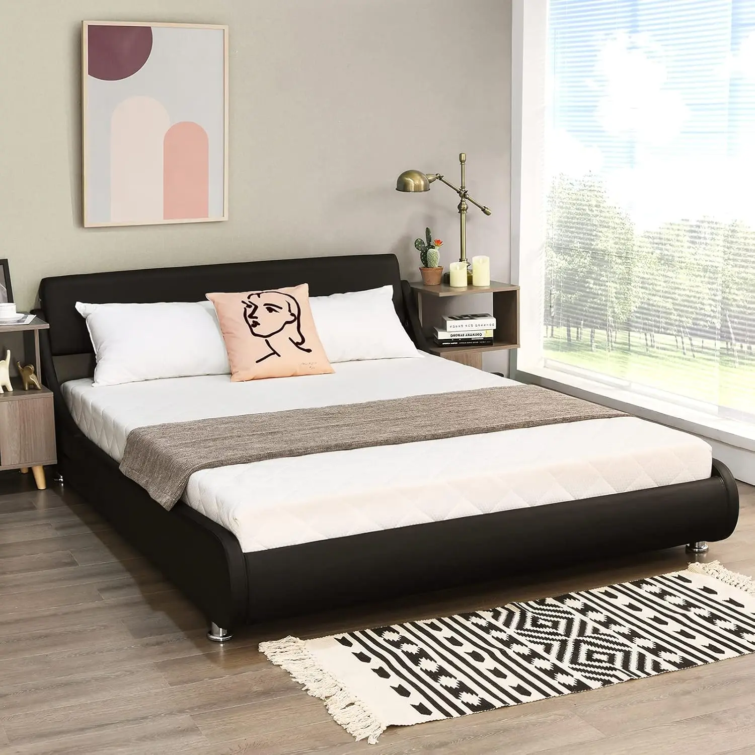 

Bed Frame, Upholstered Mattress Foundation with Adjustable Headboard, Faux Leather Platform Bed, Low Profile Curved Bed Frame, B