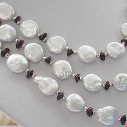 Favorite Pearl Jewelry,3Row 12mm White Coin Freshwater Pearl Garnet Necklace,Perfect Wedding Birthday Party Charming Women Gift.