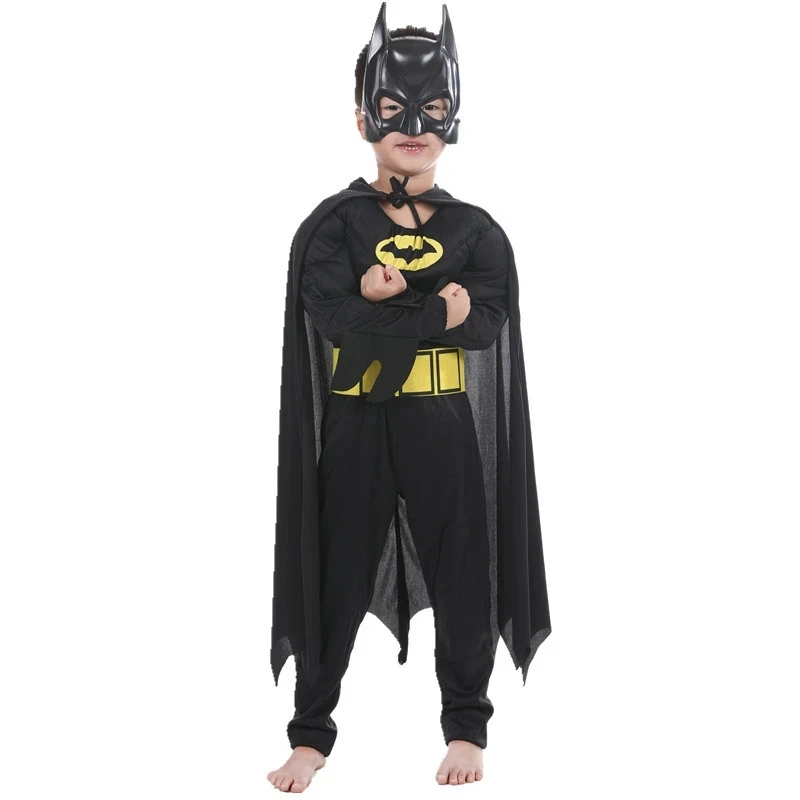 Kinderen Vleermuis Cosplay Jumpsuit Held Kostuum Pak Met Cape Masker Mannen Superheld Wayne Cosplay Hoge Kwaliteit Halloween Carnaval Feest