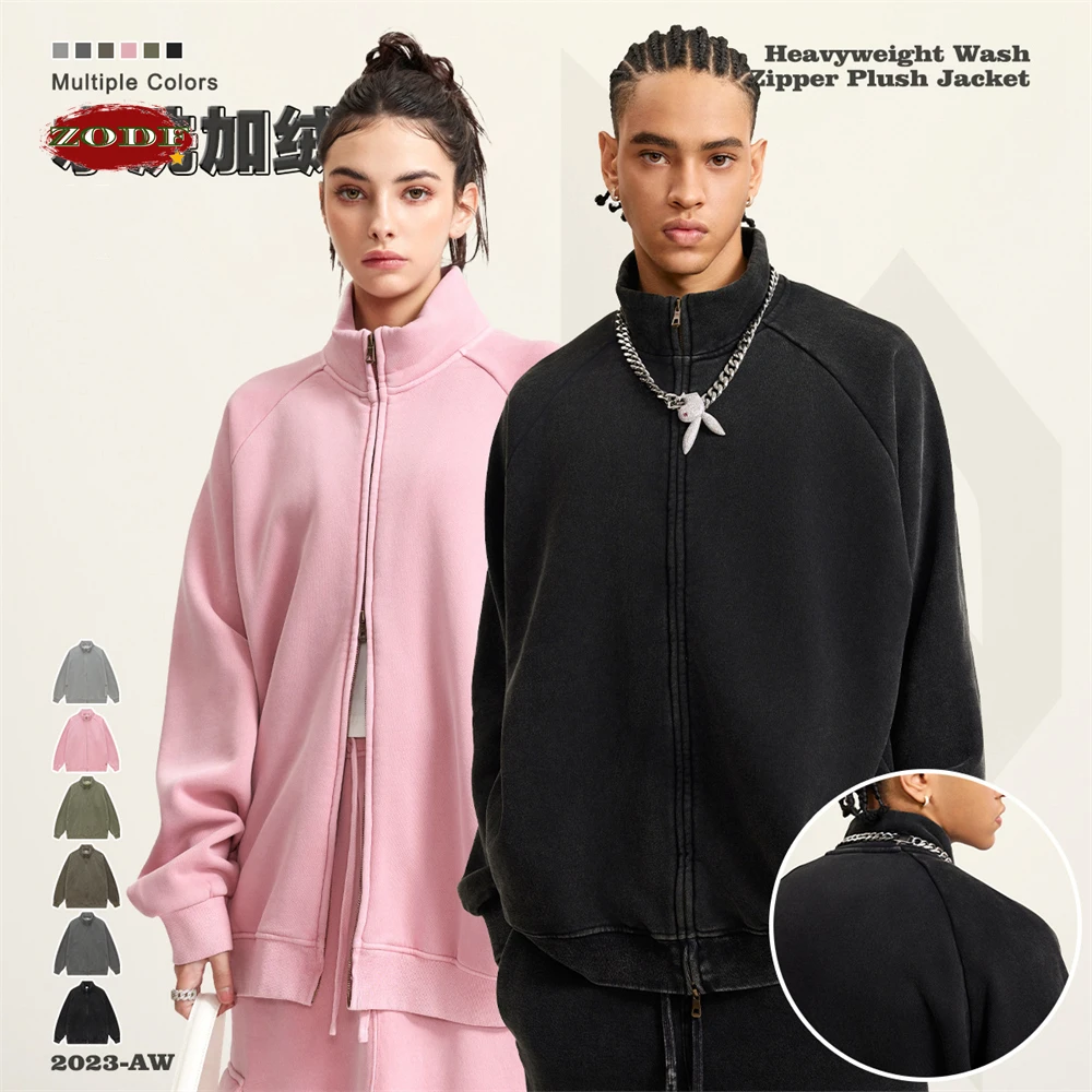 ZODF Retro 2023 Winter Men Washed Fleece Zipper Jackets Unisex Loose Oversized 350gsm Raglan Sleeve Coats Streetwears HY0649