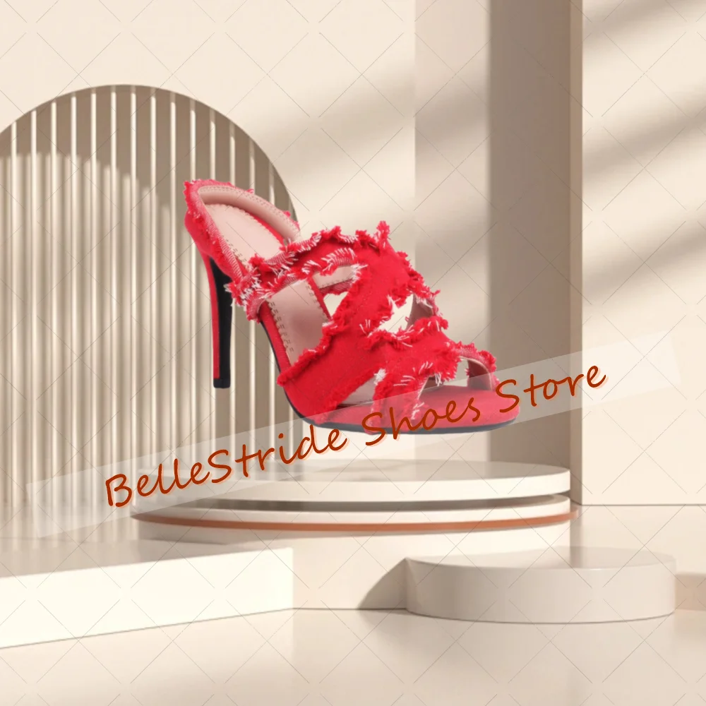 

Red Demin Raw Edges Hollow Out Slippers Open Toe Women Shoes Stilettos High Heels Party Banquet Dating 2025 Zapatos Para Mujere