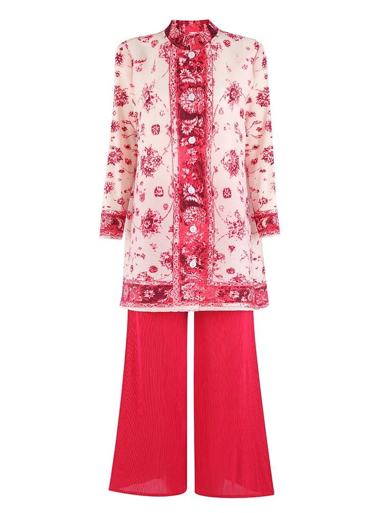 

Wrinkle Print Wide Leg Pants Set for Women 2025 Fashion Temperament Stand Up Collar Top High Waist Wide Leg Pants Two-piece Set