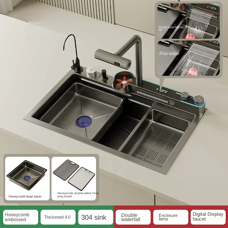 Rectangular 304 Bowl Undermount Stainless Steel Apron Farmhouse Handmade Smart Waterfall Multifunction Kitchen Sink