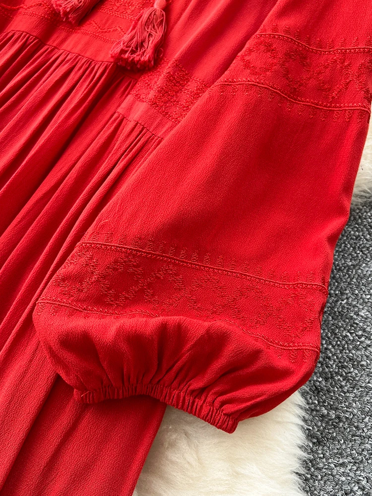 Spring Autumn Women\'s Bohemian Embroidery Dress New Vacation  Red White Lace Up V-Neck Lantern Sleeve Loose Dress D76