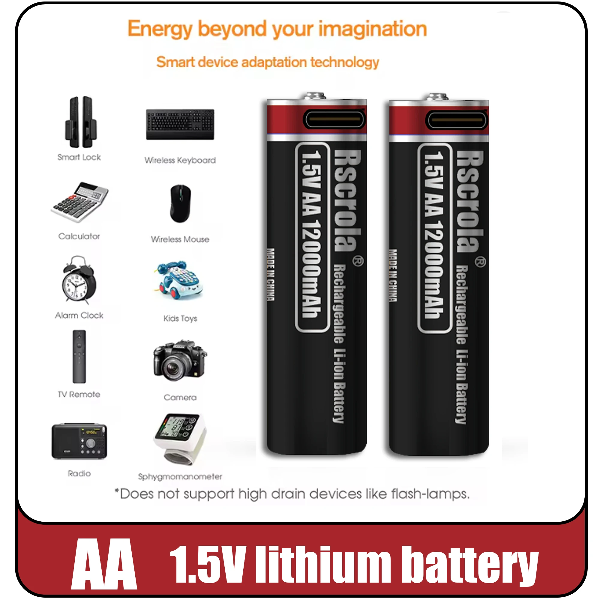 قدرة عالية AA12000mAh AAA 8000mAh بطاريات قابلة للشحن ليثيوم أيون AA بطاريات قابلة للشحن بطارية AAA مع كابل USB-C