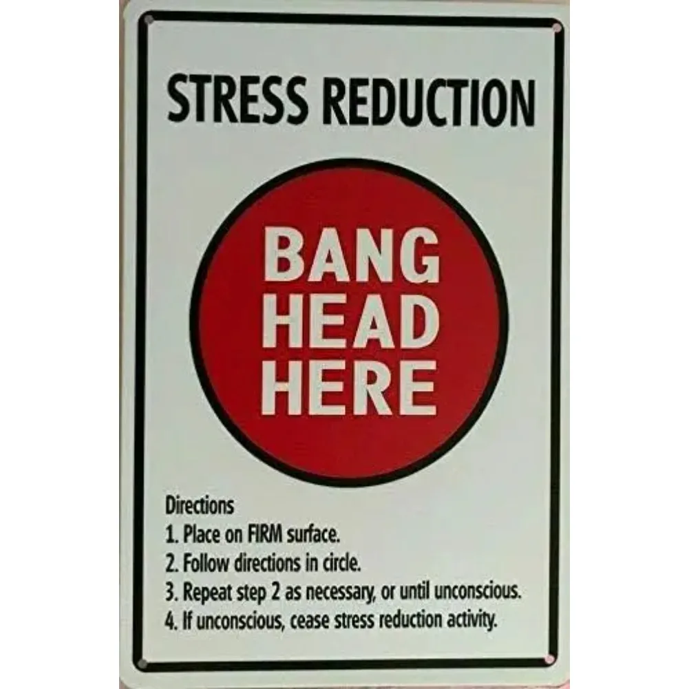 (2D-Blechschild) Lustiges Retro-Metallschild zur Stressreduktion - „Bang Head HERE“ Blechschild für Cafés, Bars, Pubs, Heimdekoration