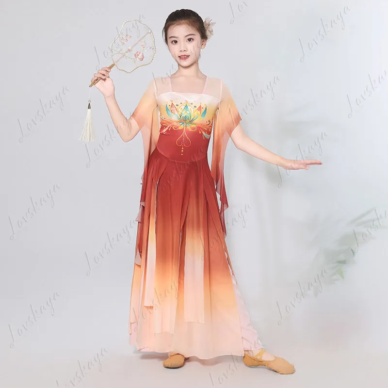 

Children's Classical Dance Performance Costume, Flowing Gauze Dress, Fan Dance Practice Suit, Chinese Style Performance Costume