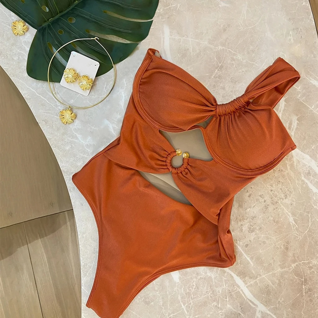 

Sexy 2025 Push Up Bikini Set One Shoulder Swimwear Hollow Out Biquini Solid Swimsuit Summer Brazilian Bathing Suit Beachwear
