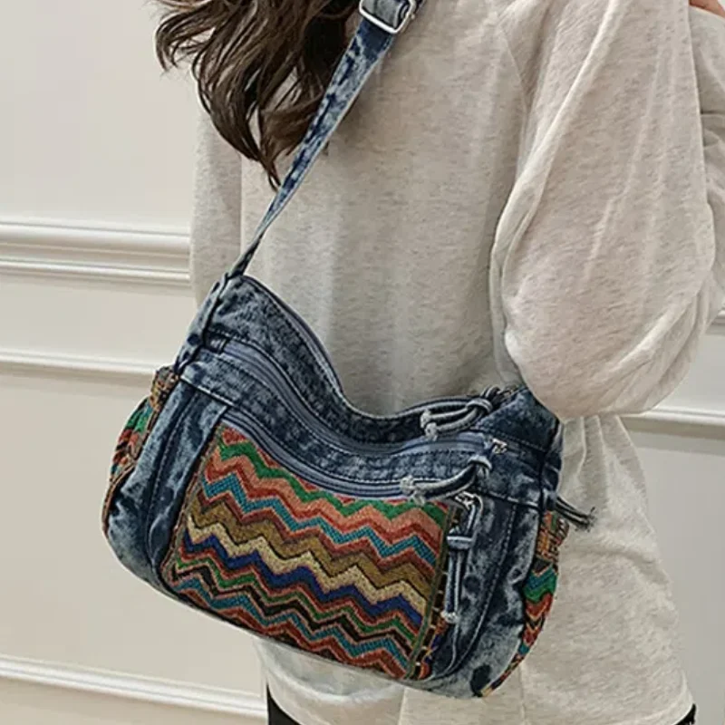 

Ethnic-Style Canvas Shoulder Bag Retro Denim Tote Bag Sport Gym Pack Versatile Crossbody Pouch Travel Hiking Climbing Handbag