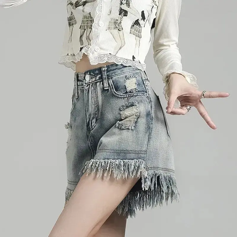 Tassel Ripped Jeans for Women in Summer High Waist Fur Edge A-line Loose Wide-leg Denim Shorts to Make Them Look Slim
