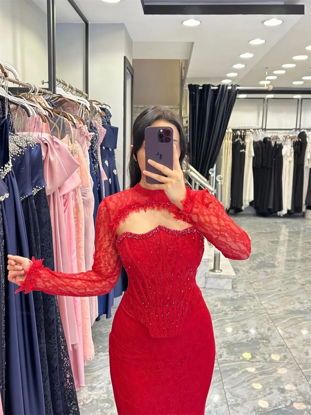 Cathy Customized Red Detachable Lace Sleeves Prom Dress Elegant Mermaid vestidos de noiva Floor-length Formal Evening 2025