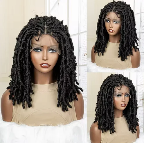 المجدل الاصطناعية Knotless شعر مستعار مضفر الدانتيل الباروكة الأمامية للنساء السود قصيرة بوب 16 بوصة Locs الكروشيه تجديل الباروكات