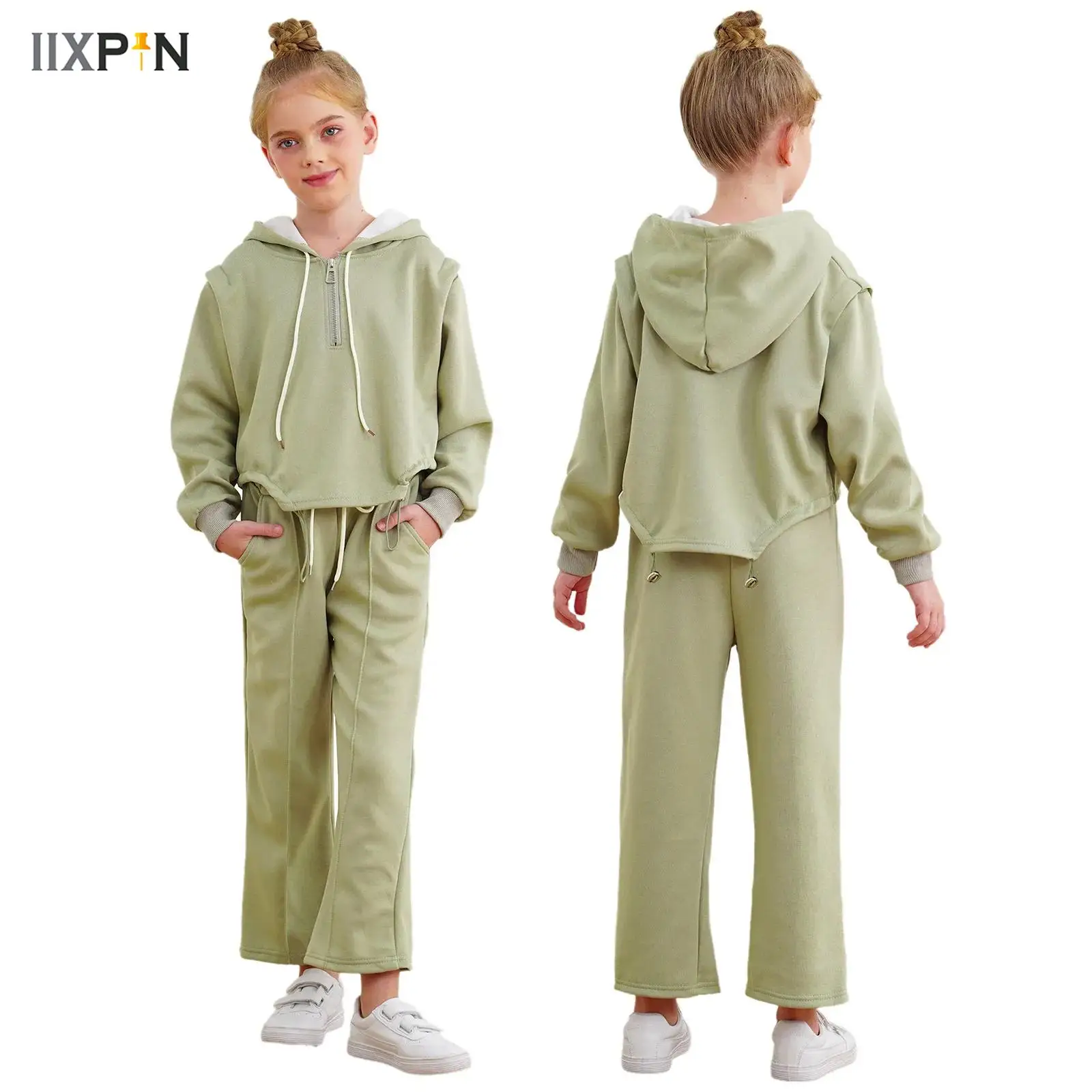 

2Pcs Kids Girls Sportswear Long Sleeve Zipper Drawstring Hoodie Sweatshirt Coat with Pants Outfit Casual Clothes Homewear New