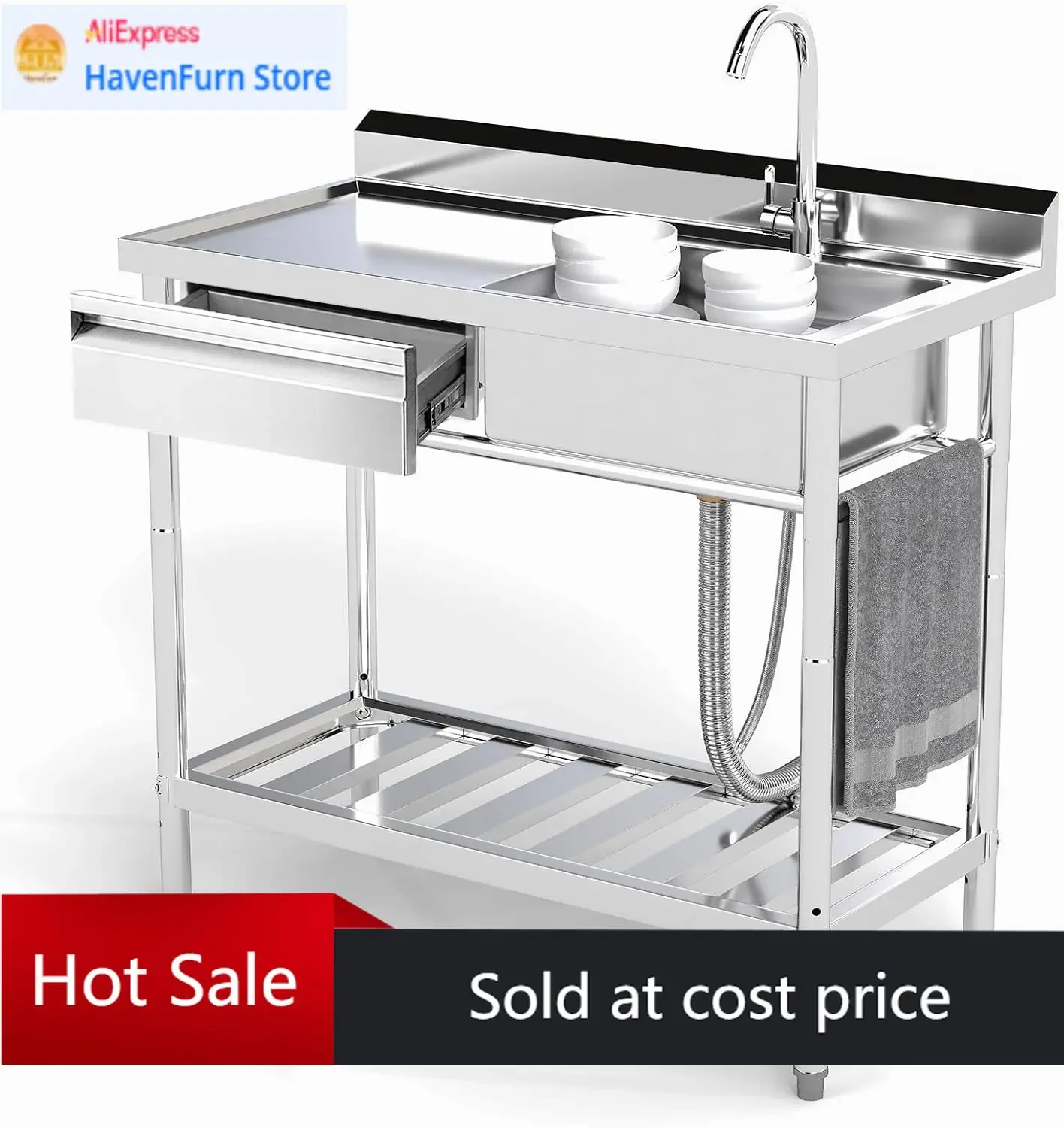 

Activity priceFree Standing Single Bowl Stainless Steel Utility Sink 39 Inch With Drawer Cold Hot Water Pipes For Indoor Outdoor