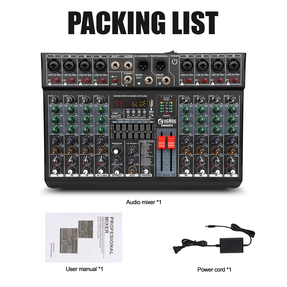 المهنية 8 قناة جهاز مزج الصوت DGNOG DMK08FX DJ وحدة خلط الصوت مع 48 فولت الطاقة الوهمية بلوتوث USB لاستوديو الكاريوكي