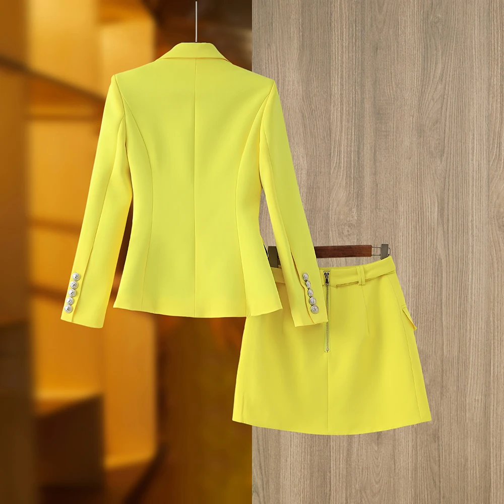 High Street Spring Summer Chic Designing Fresh Yellow Blazer Skirt Suit Two Pieces Sets with Blet Beautiful Women Clothing