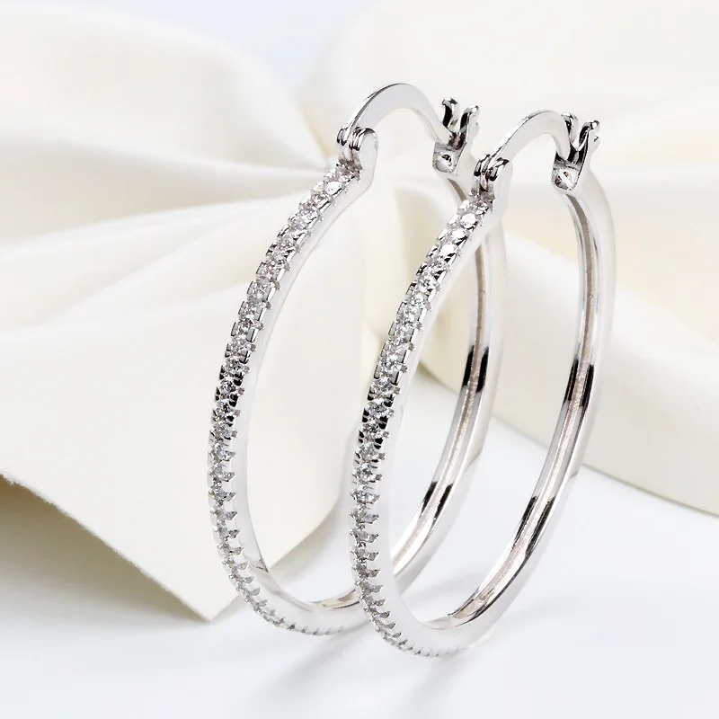 925 Sterling Silver Big Circle Inlaid Cubic Zircon Earrings for Women,S925 Argent Women's Shiny Model Earring 17mm-40mm 5 Size