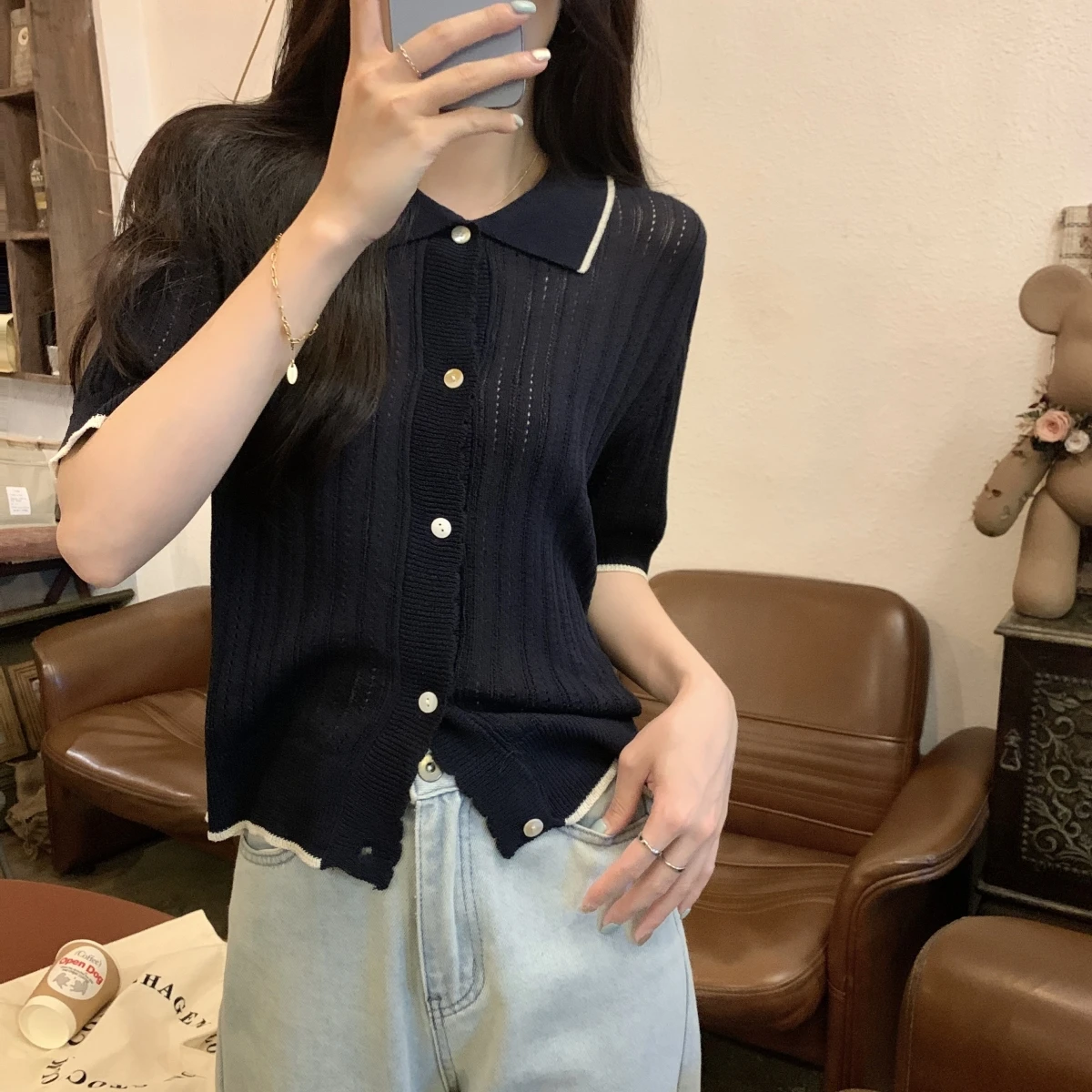 Vintage Polo Collar Knitted Cardigan Women Tops Korean Fashion Short Sleeve Solid Sweater Hollow Out Office Lady Blouse