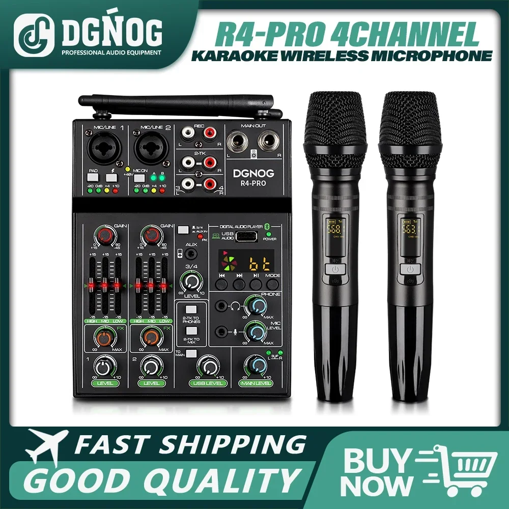 DGNOG 4 Channel Audio Mixer USB Mixer Bluetooth Console with Wireless Microphone DJ Mixer for Party Karaoke Machine Sound Bar