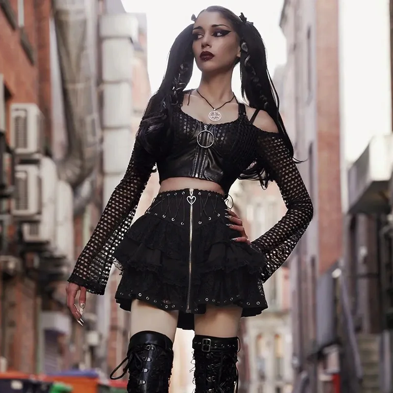 Women\'s Punk Vintage High Wasit Skirt Zipper Front Japanese Style Kawaii Black Harajuku Gothic Skater Cosplay Mini Skirts