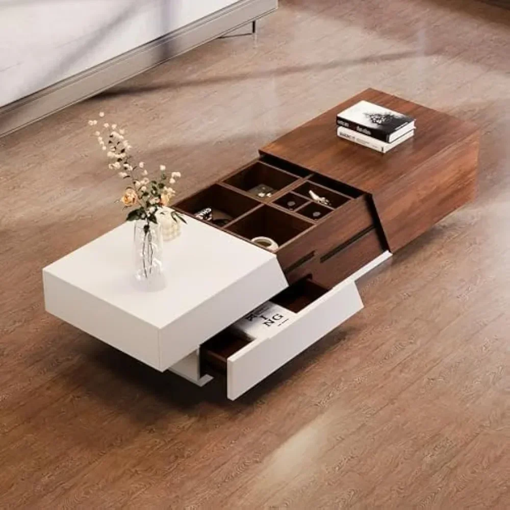 Coffee Table Extendable Sliding Top for Mobile Boxes+4 Partition Spaces Multifunctional Office Bedroom, White/Walnut(Rectangle)