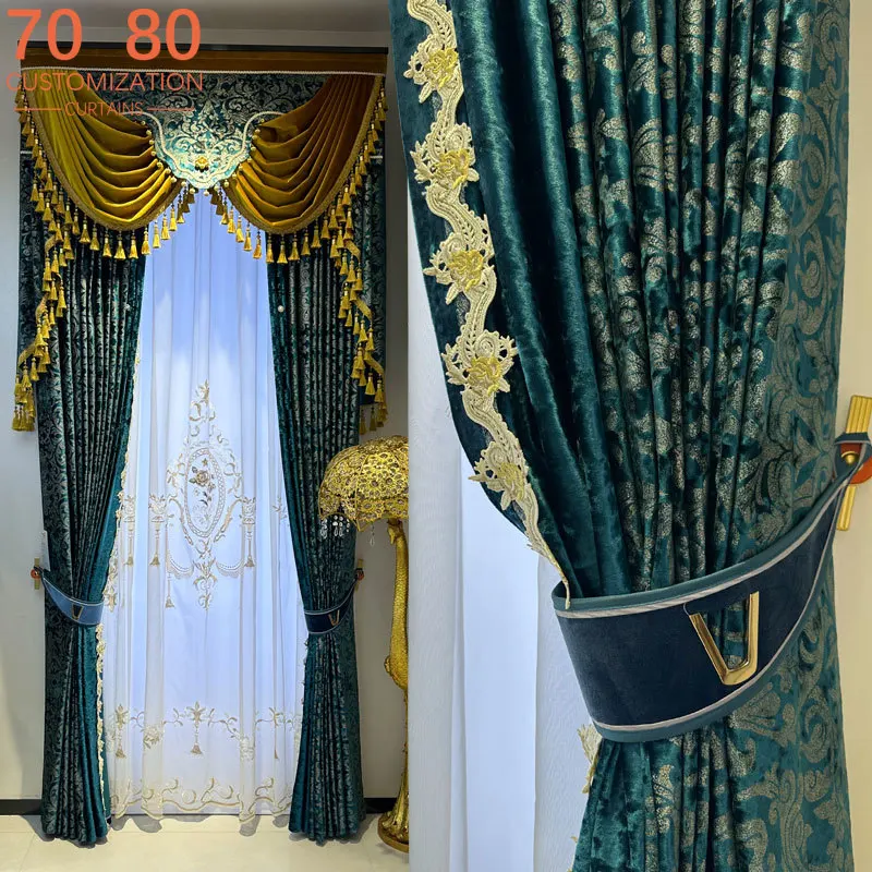 High-end Dark Green Velvet Bronzing Jacquard Curtains for Living Room Bedroom Balcony Villa Home Decoration Customized Valanace