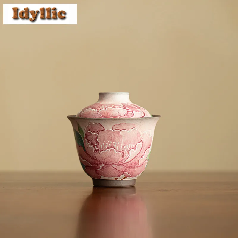

120ml Old Clay Peony Gaiwan Vintage Anti-scald Tea Tureen Tea Bowl with Lid Kit Tea Maker Cover Bowl for Tea Accessories Gift