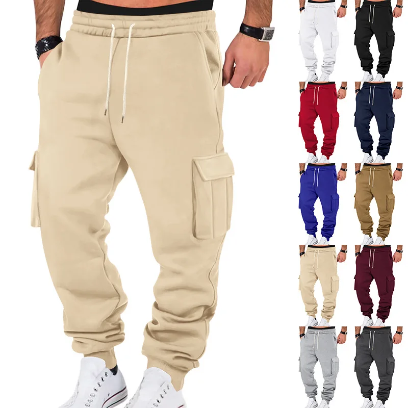 

New Autumn Winter Fleece Lined Men's Sweatpants Multi-Pocket Drawstring Cargo Pants Outdoor Sports Joggers Cuffed Sweatpants