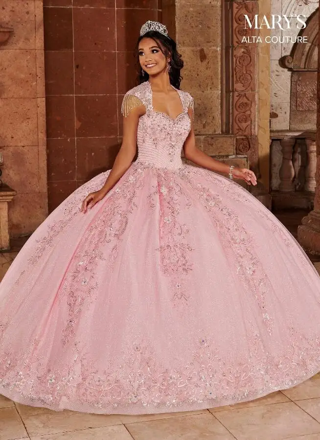 Vestidos princesa Quinceanera, mangas, espartilho frisado floral, vestido de baile, rosa champanhe, borla, 15 anos