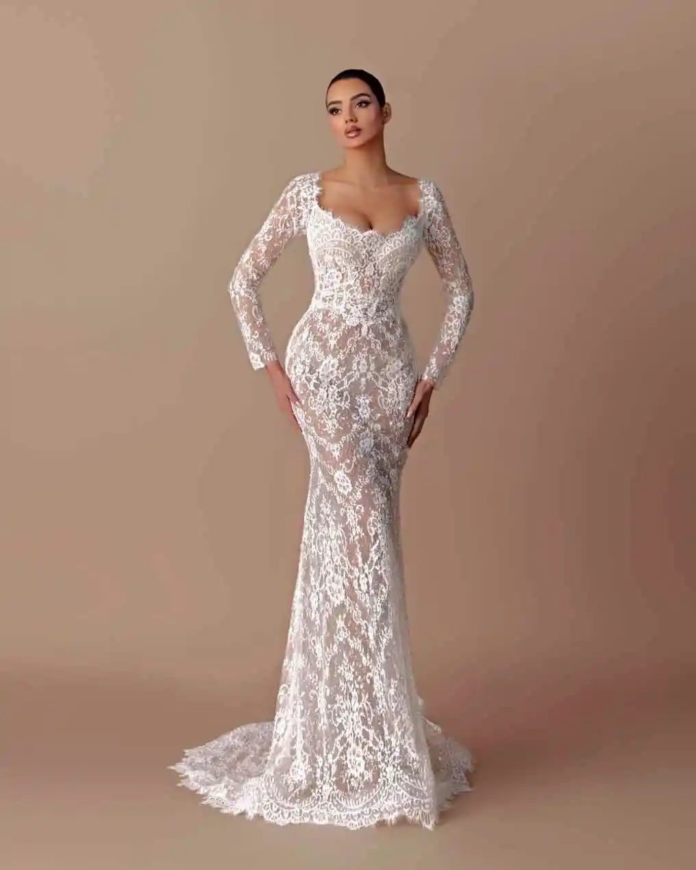 فساتين زفاف حورية البحر الأفريقية دانتيل زينة رقبة على شكل V وأكمام طويلة فساتين زفاف مخصصة فستان عروس