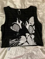 女性のためのゴシックグランジショートTシャツ,ヴィンテージカワイイ猫のグラフィックトップ,黒のレトロなキティミニベスト,パンクスタイルのemo服