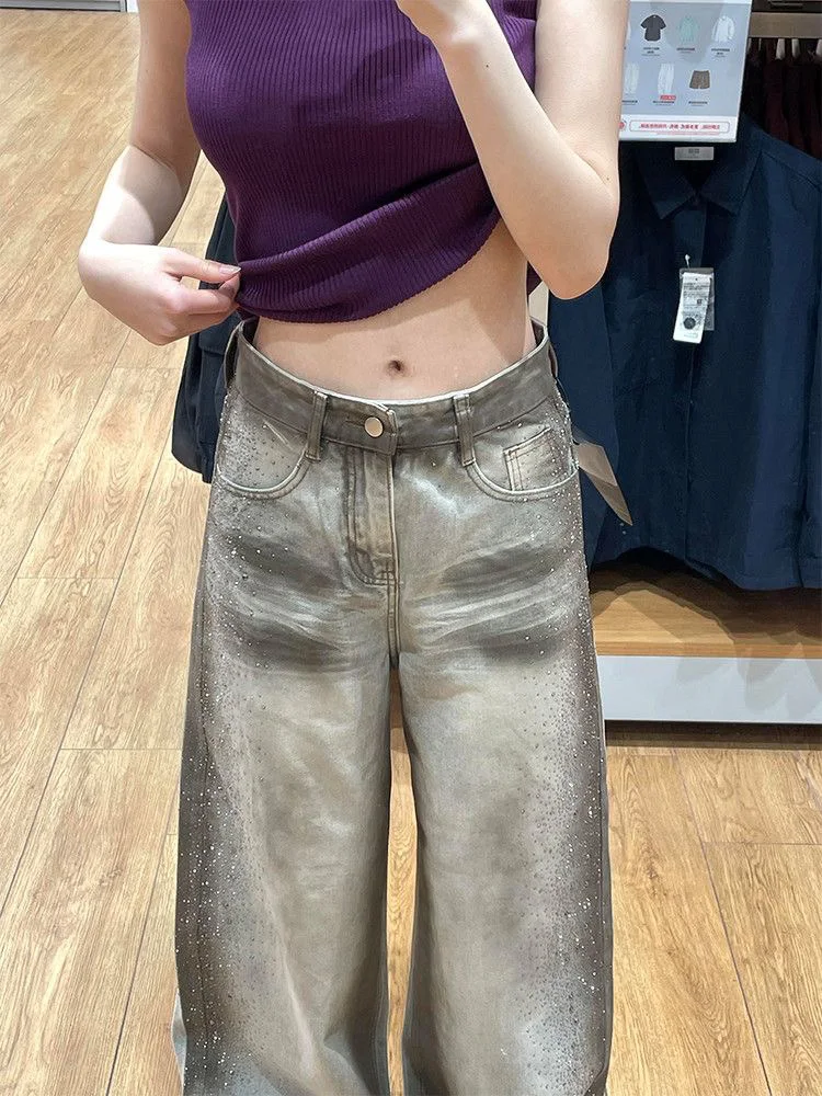 Retro American Design Spicy Girl Distressed Side Rhinestone Wide Leg Loose Floor Length Denim Jeans for Women Natural Waist