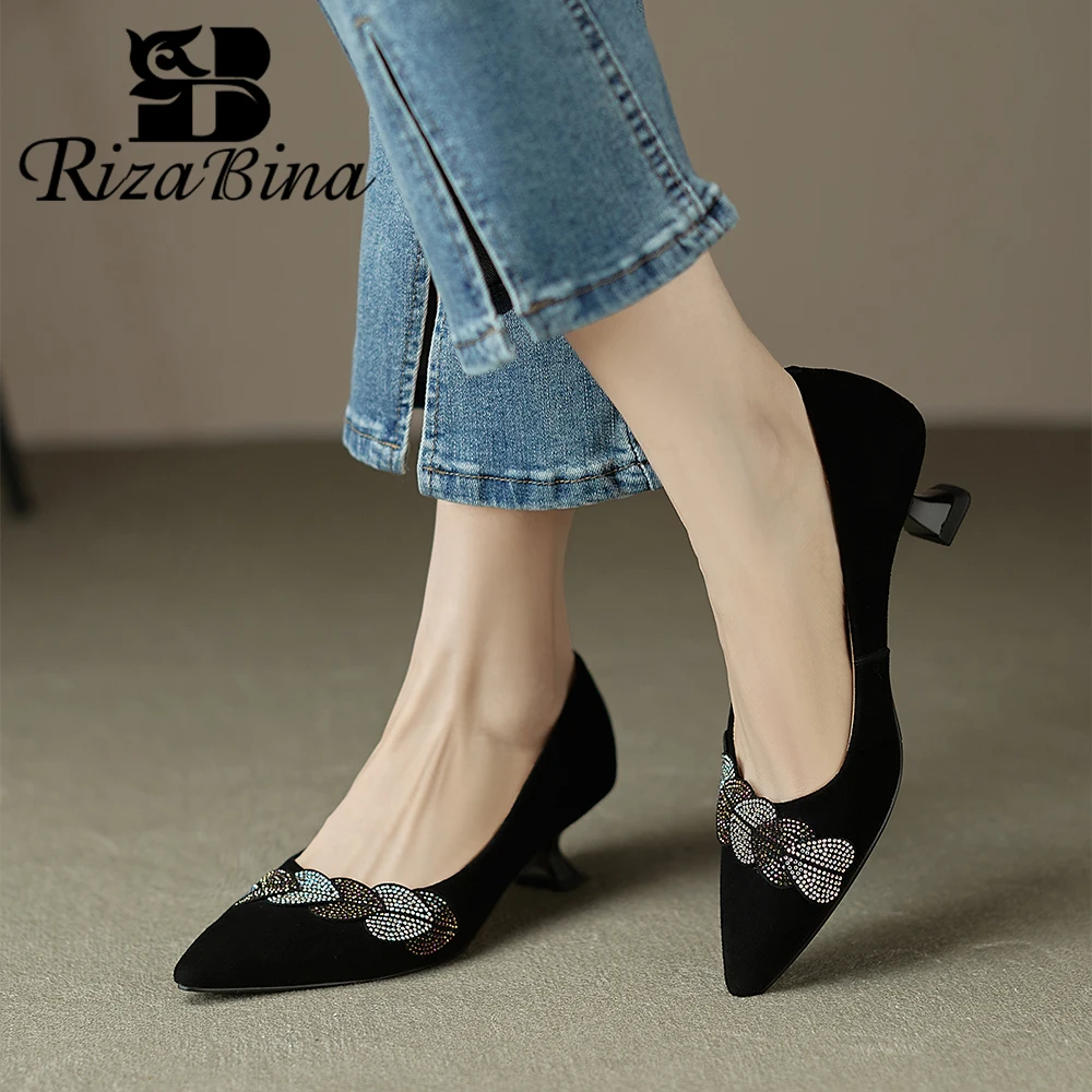 

RIZABINA Basic Women Pumps Real Sheepskin Chic Leaf Decoration Thin Heel Shoes Lady Solid Color Pointed Toe Slip On Dress Pumps