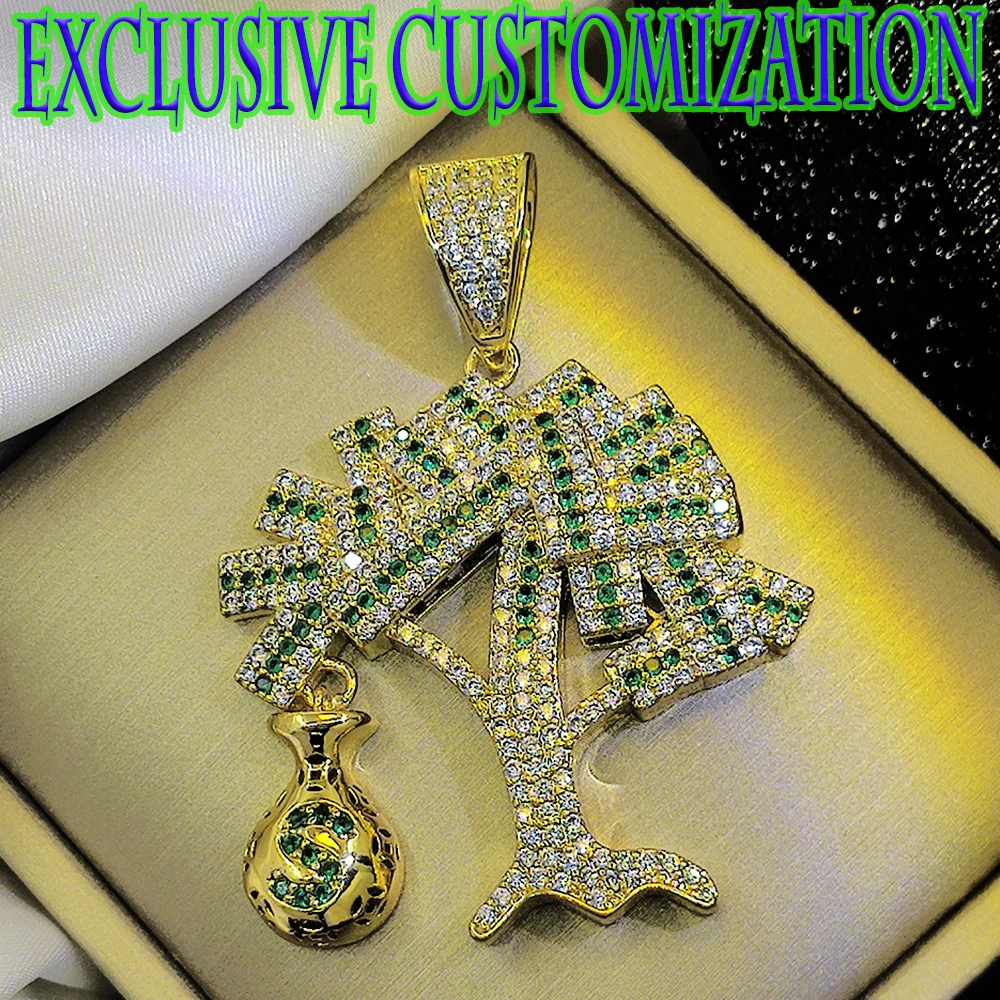 New high-end custom hip-hop gold necklace. Diamond Set Money Tree Pendant, 18K Gold Plated Classical Craft