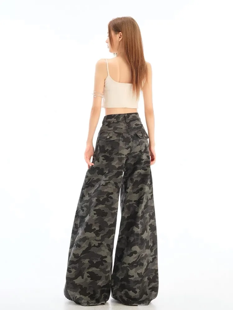 American Vibe Retro Camouflage Wide Leg Jeans Women's Spring Autumn Loose Straight High Waist Workwear Trousers Casual Style