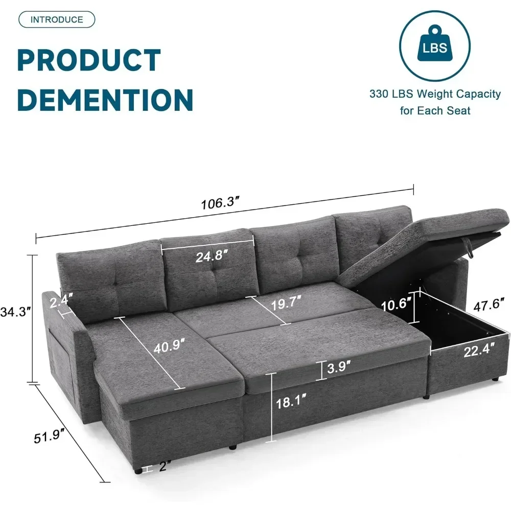 Sleeper Sofa Couch, 110 inch Oversize 2 in 1 Pullout Sofa Bed with Double Storage Chaise, Sectional Sleeper Sofa Bed with Side