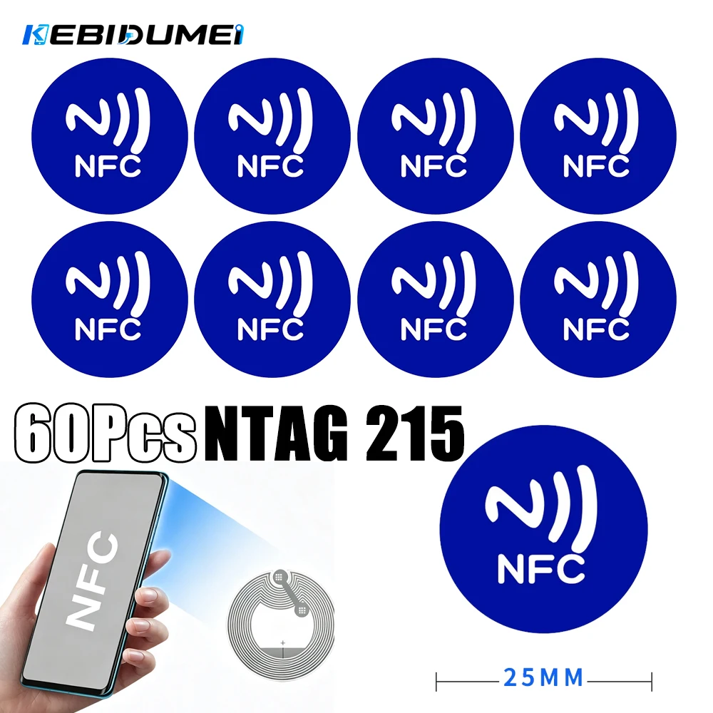 KEBIDUMEI 60Pcs NTAG215 NFC Round Adhesive Stickers Wet Inlay High‑Frequency Adhesive NFC Tags for Game WiFi Automation
