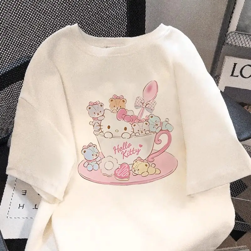 2024 Hello Kitty Sanrio T-shirt Kawaii Cartoon Print Cotton Tops O-neck Oversized Shirts Streetwear Splicing Top Women Clothing